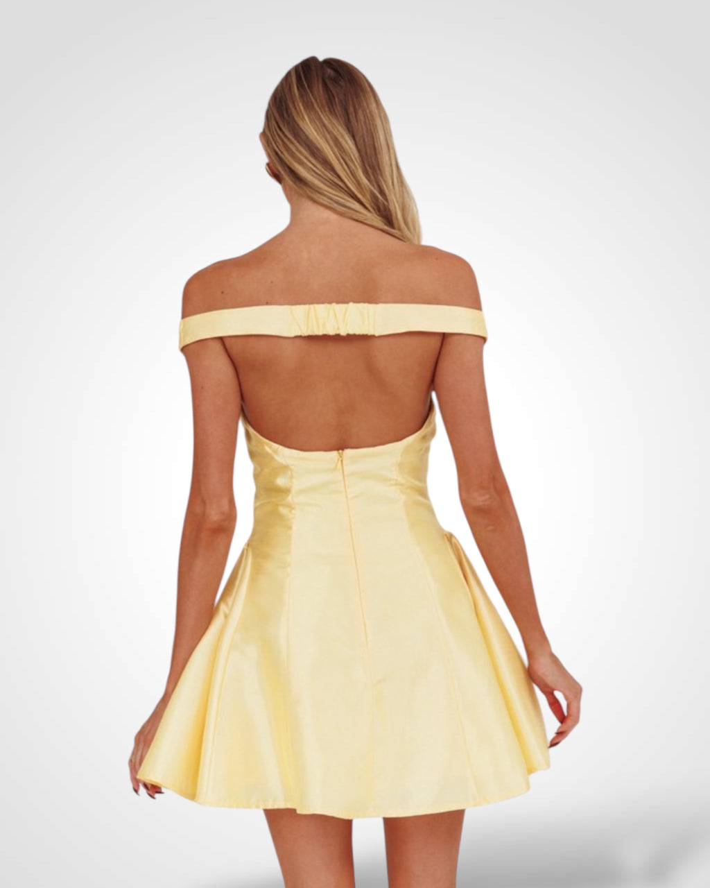 OFF THE SHOULDER SATIN MINI DRESS (SOFT BUTTER)