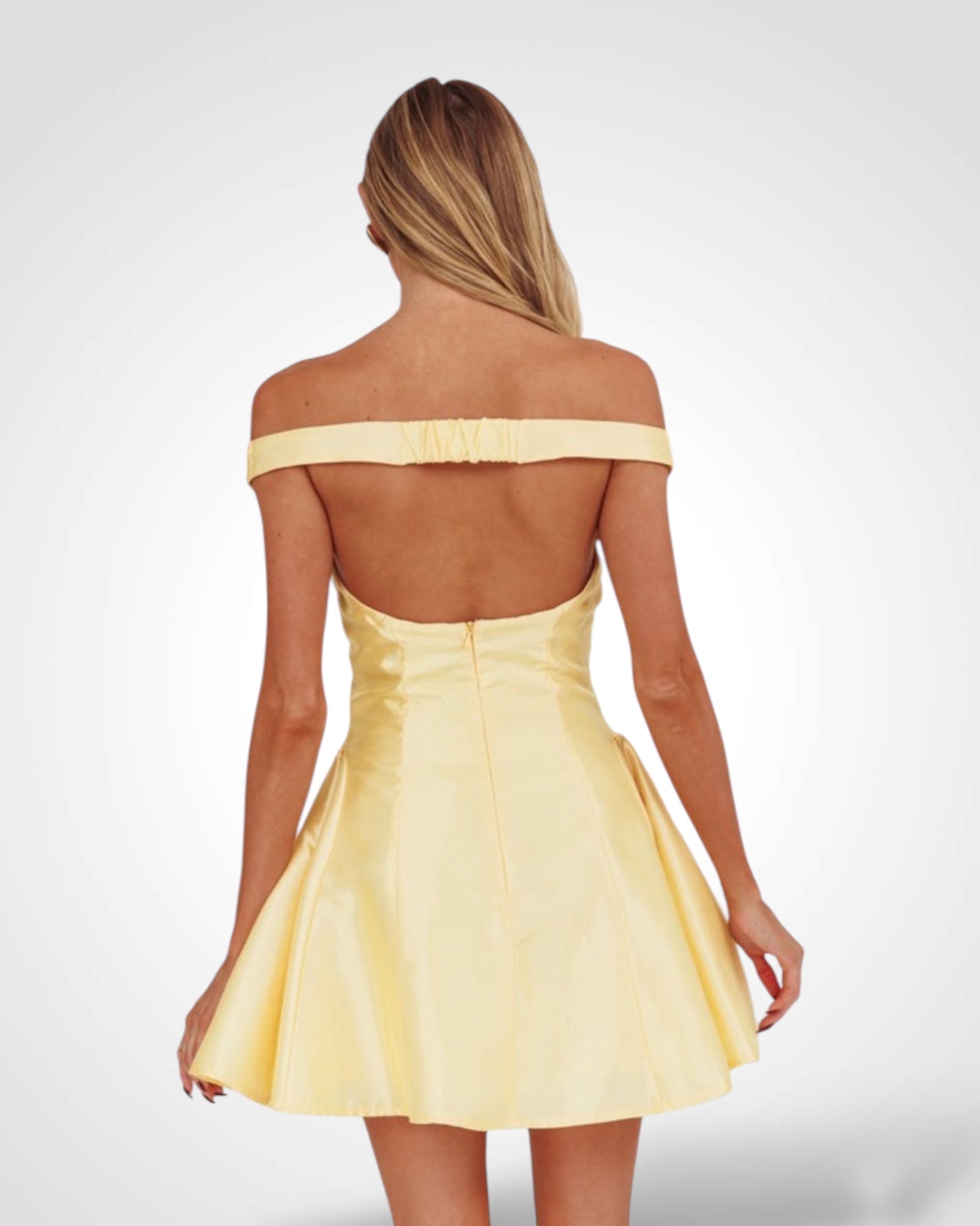 OFF THE SHOULDER SATIN MINI DRESS (SOFT BUTTER)