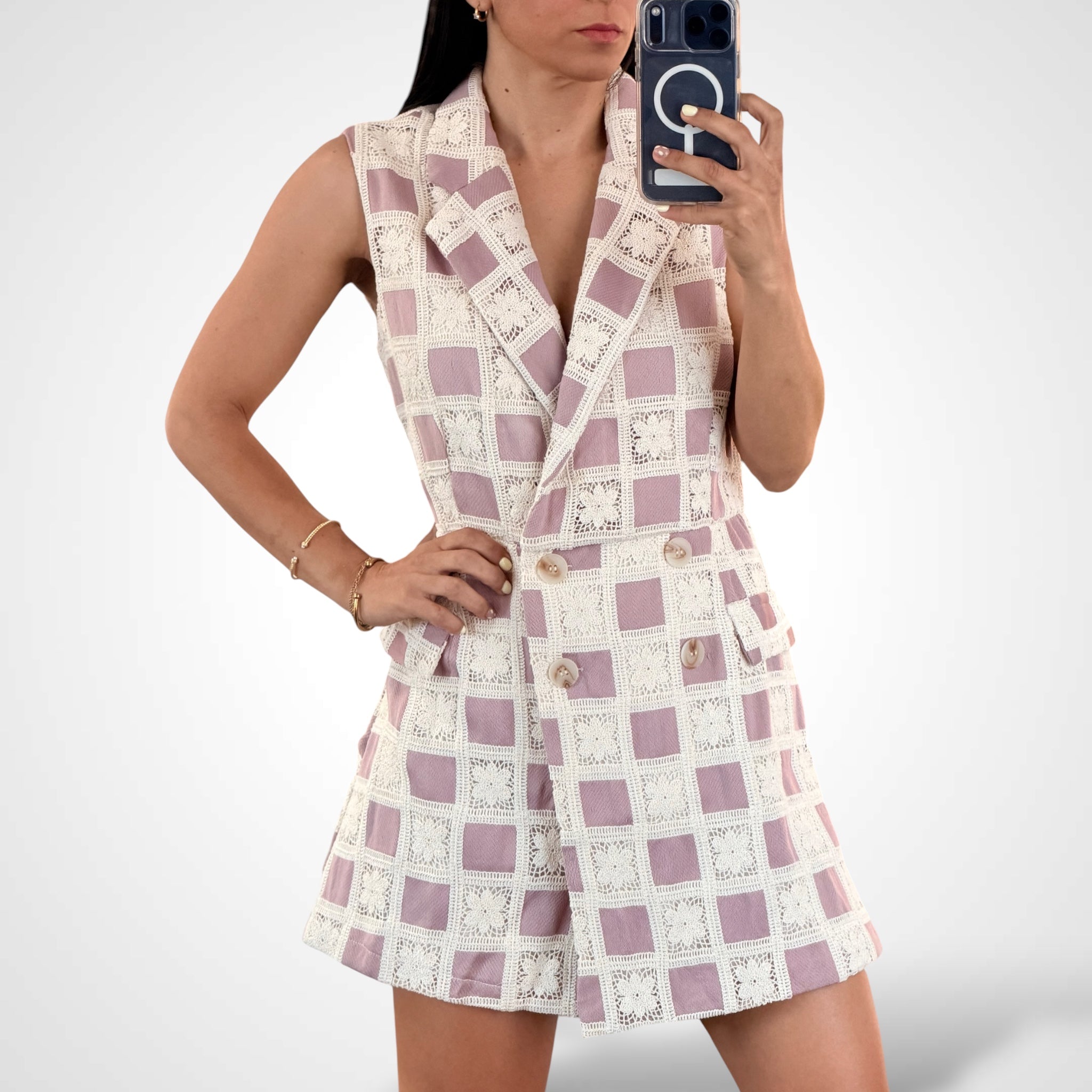 Sleeveless Button Closure Colorbloc Wrap Crochet Romper•-2