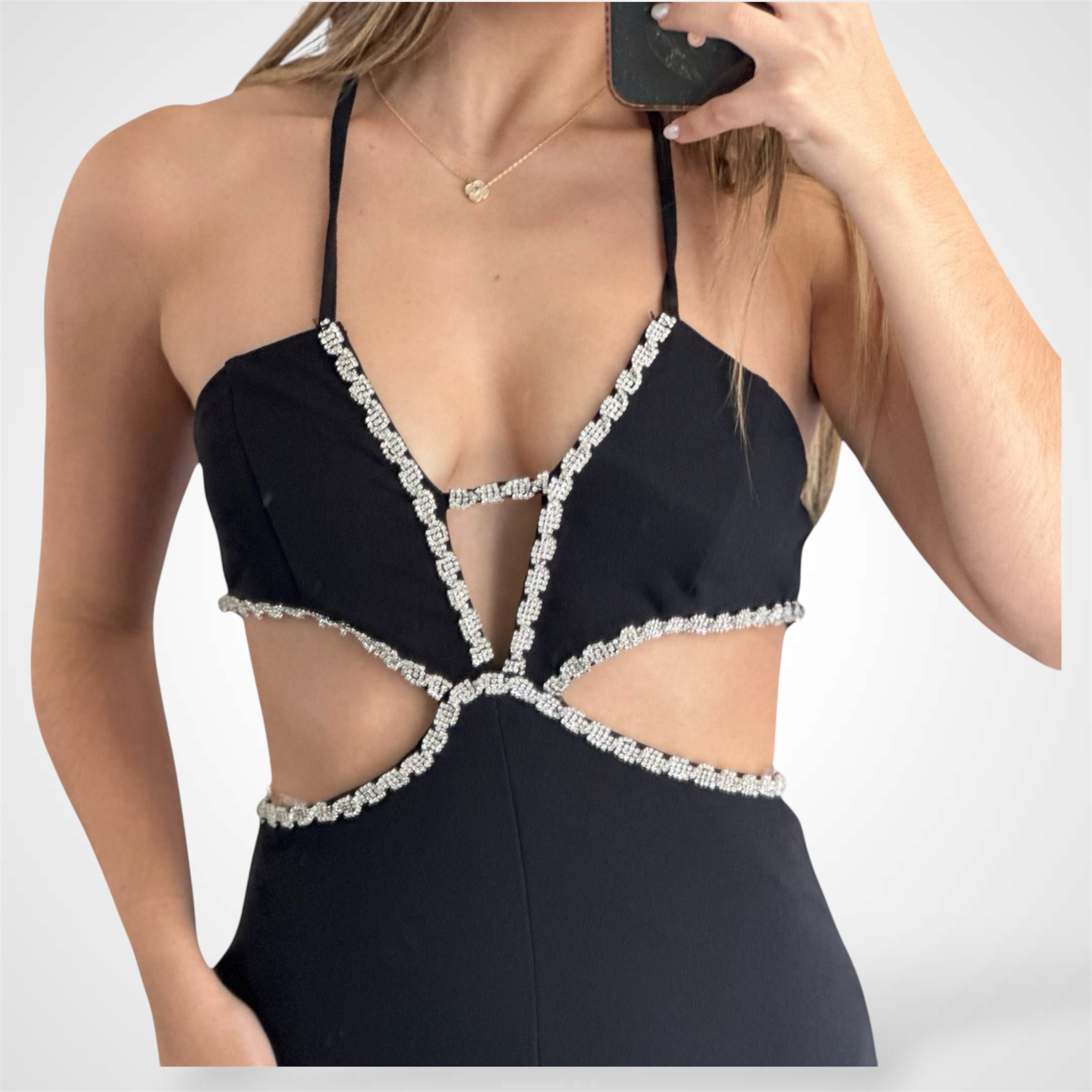 Amra Cut Out Rhinestone Halter Jumpsuit Pant Suit•-2
