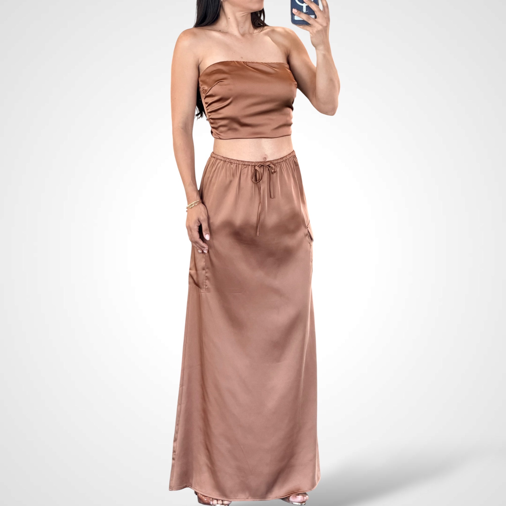 Satin Bandeau Crop Top And Maxi Skirt Set•-1
