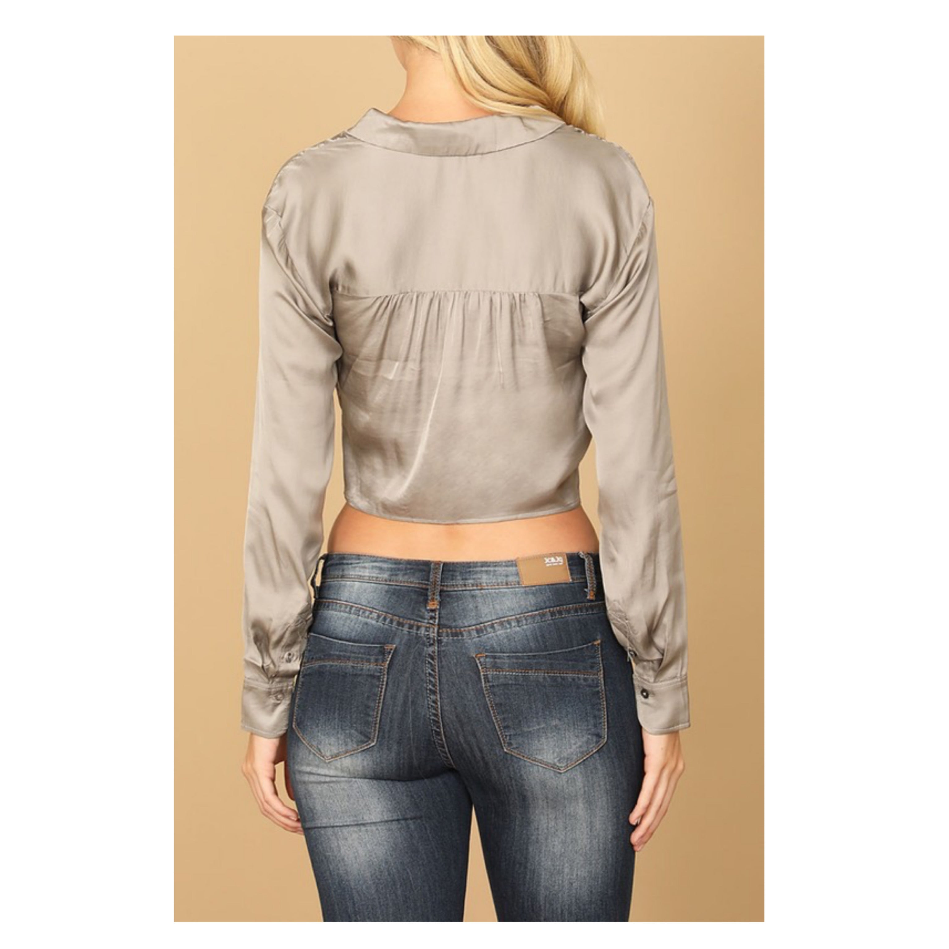WRAP FRONT LONG SEEVE SOLID CROP TOP•-2