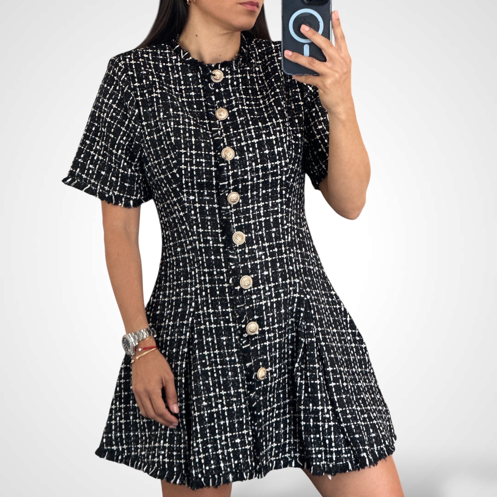 BUTTON FRONT FRAYED TWEED MINI DRESS•