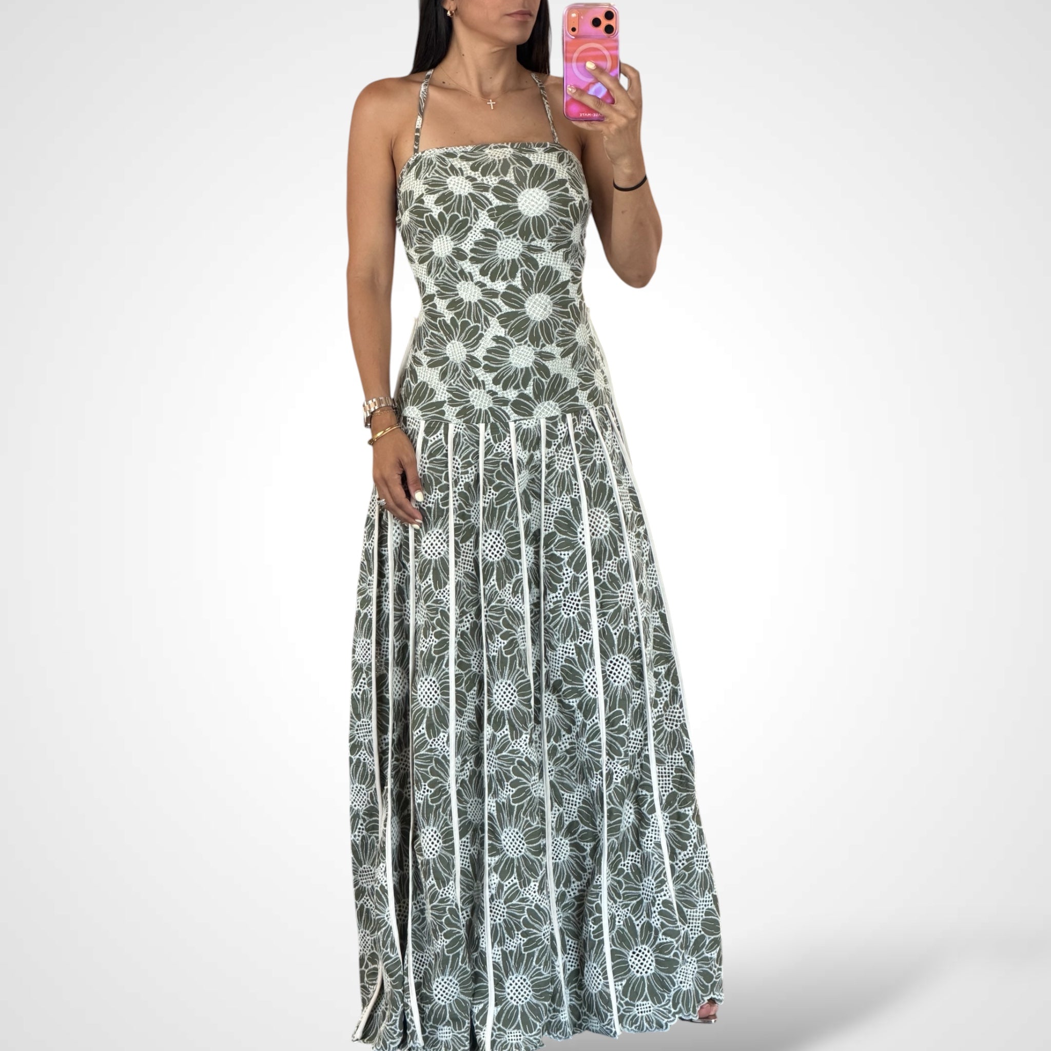HALTER FLORAL EMBROIDERY MAXI DRESS