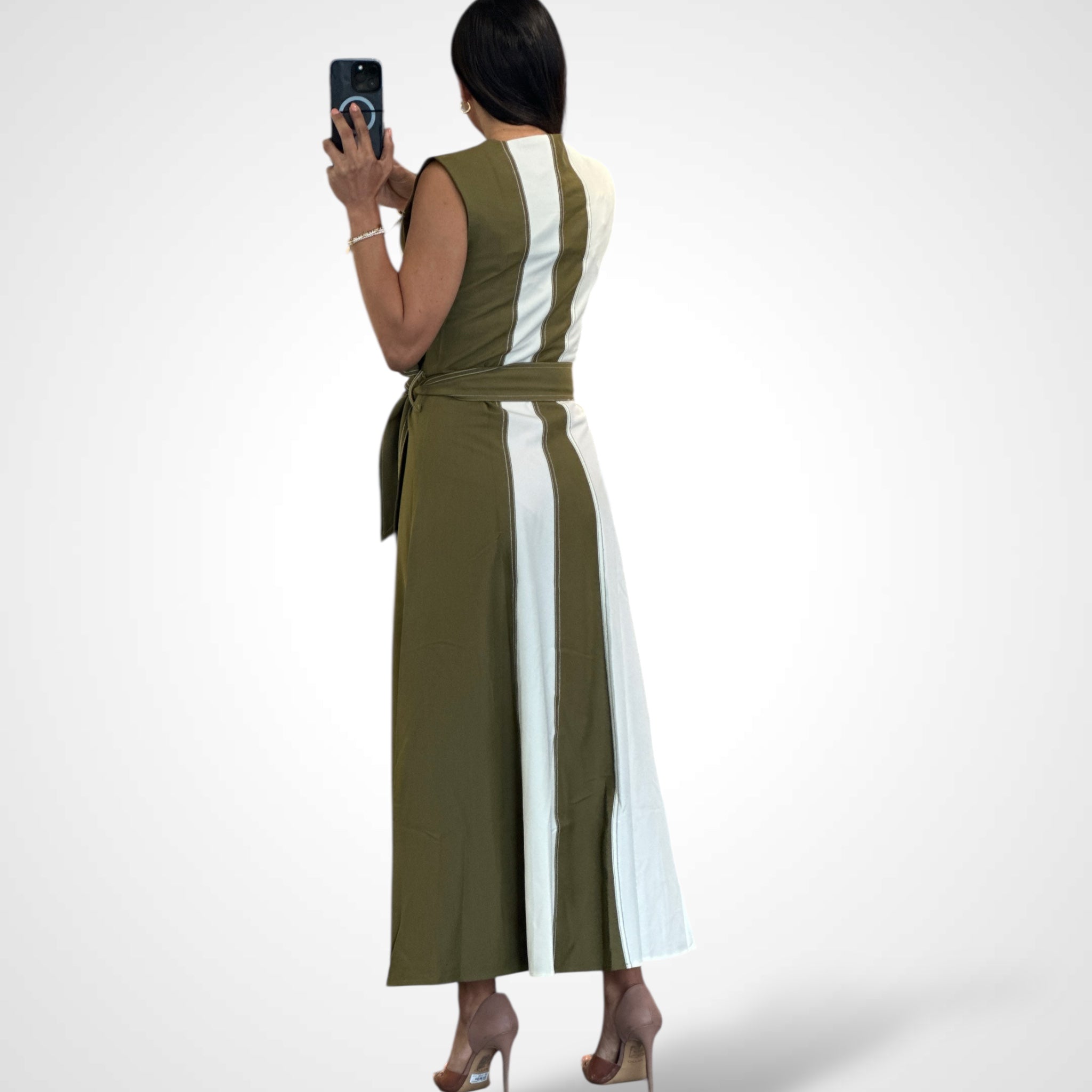 OLIVE/IVORY SLEEVELESS COLOR-BLOCK MIDI DRESS