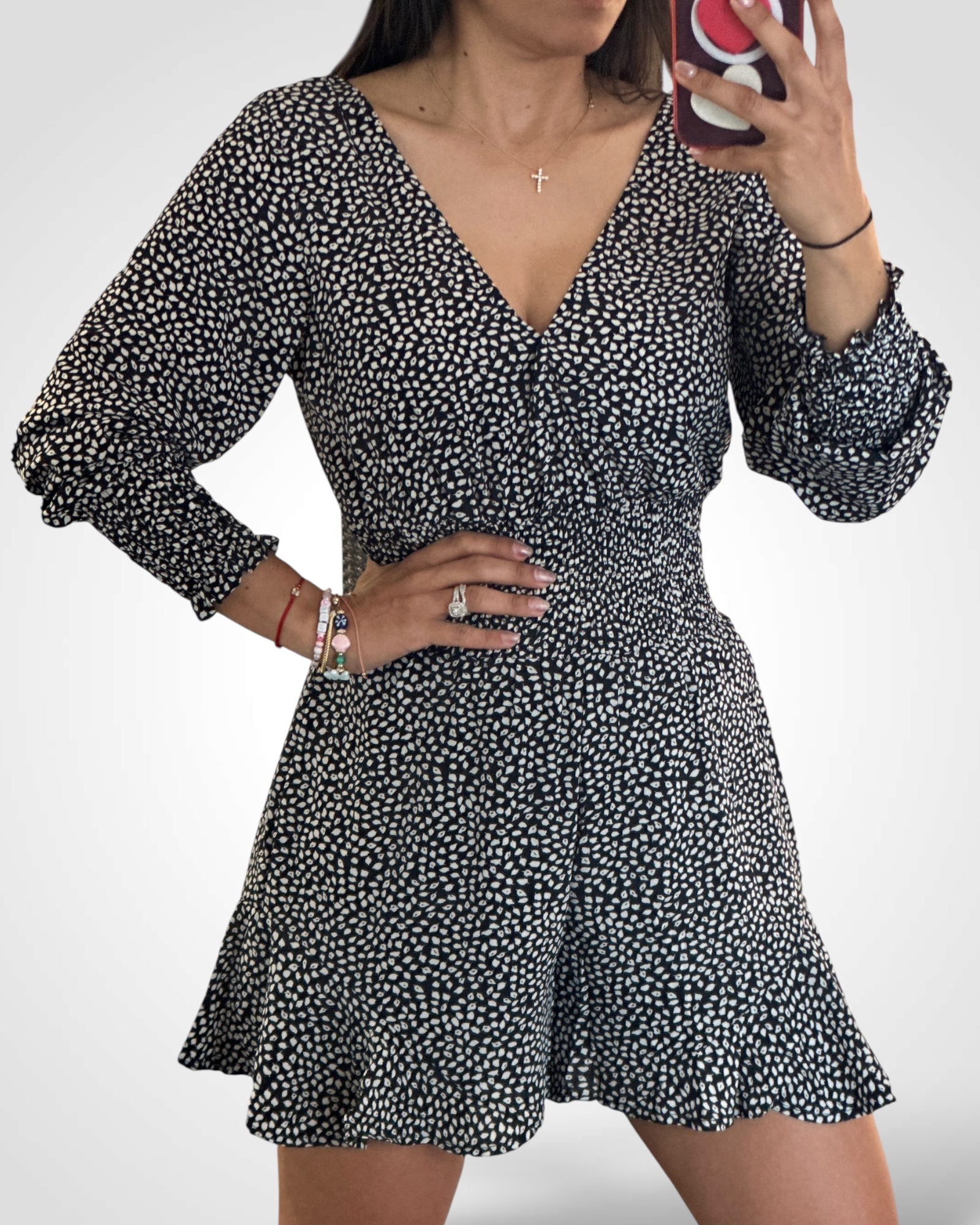 Surplice Smocked Waist Woven Romper•