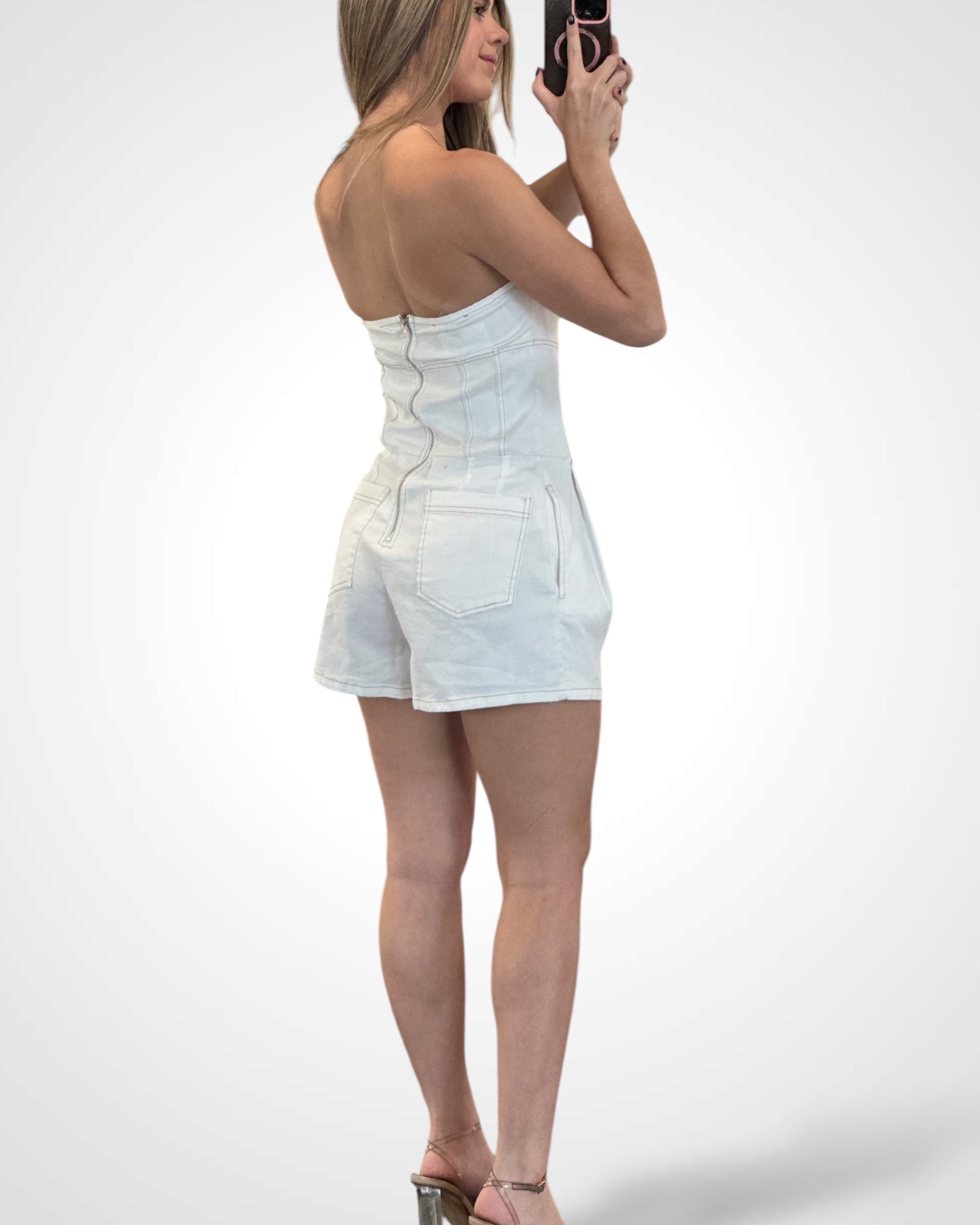 (WHITE) DENIM TUBE PLEATED ROMPER