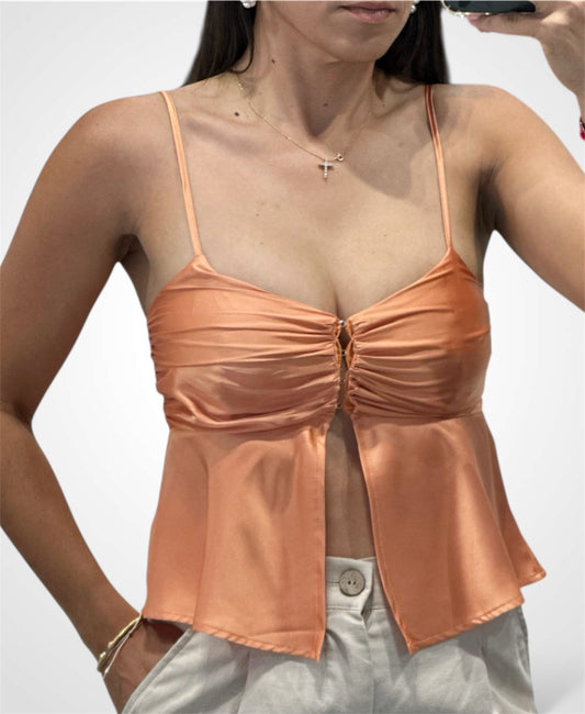 SPAGHETTI STRAP HOOK&EYE DETAIL SATIN TOP