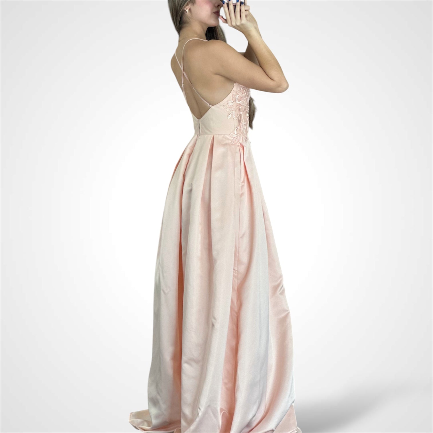 SLEEVELESS V-NECK OPEN BACK PLEATED GOWN DRESS•-3