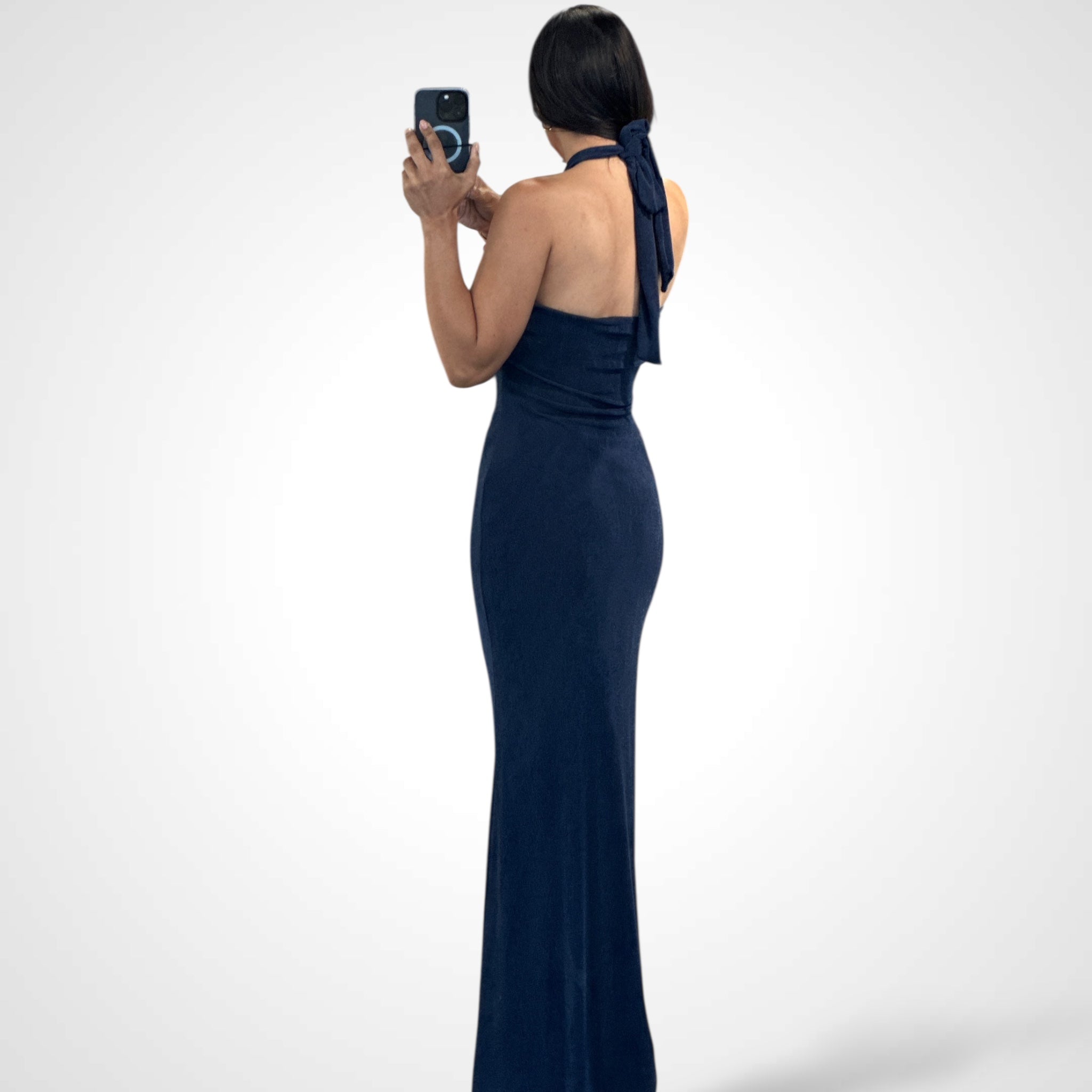 NAVY METAL TRIM HALTER MAXI DRESS