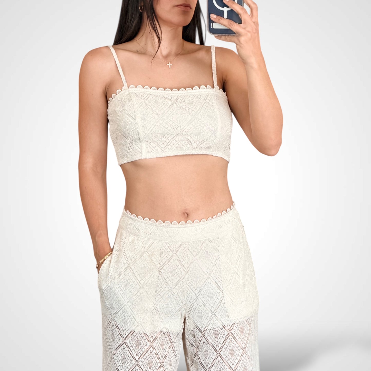 Crop Top Elastic Waist Pants Sequins Lace Set