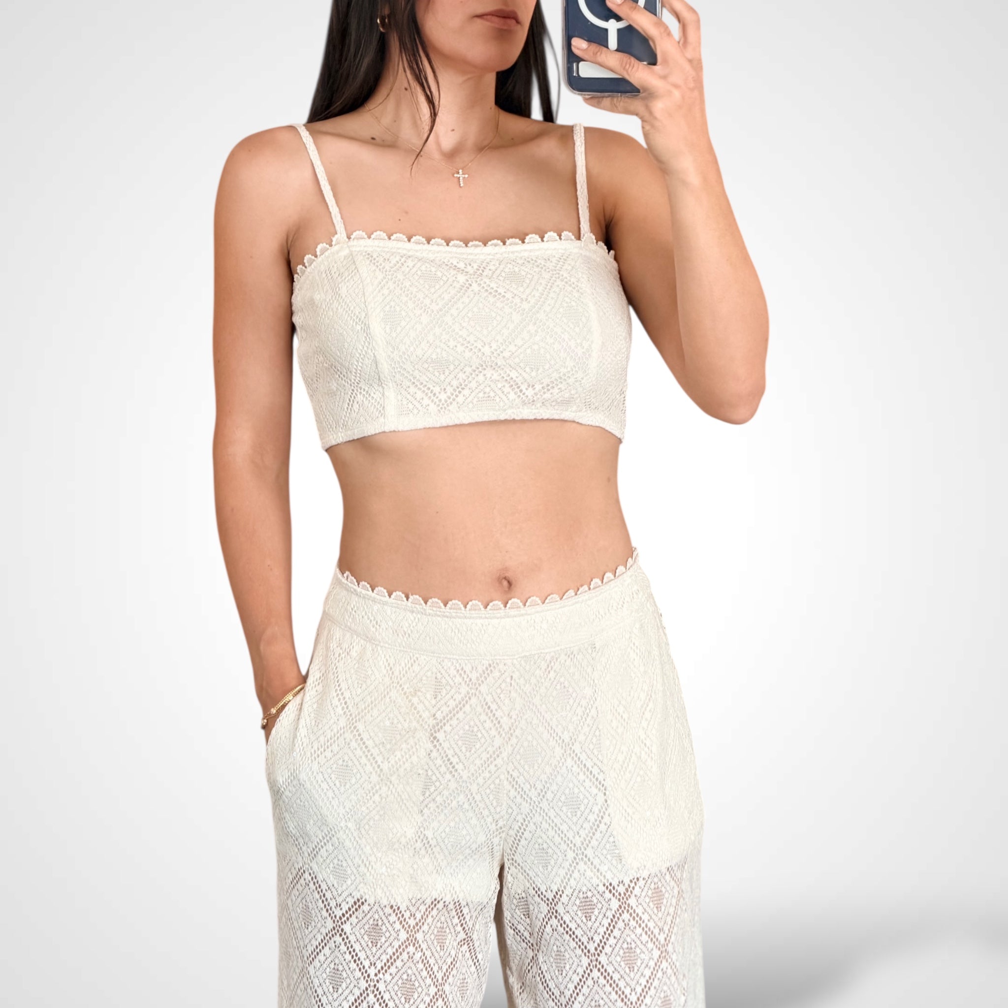 Crop Top Elastic Waist Pants Sequins Lace Set•-2