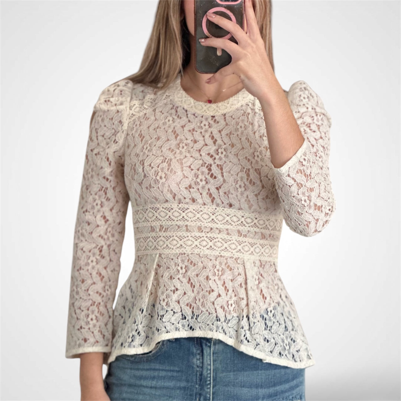 LACE LONG PUFF SLEEVE TOP•-1