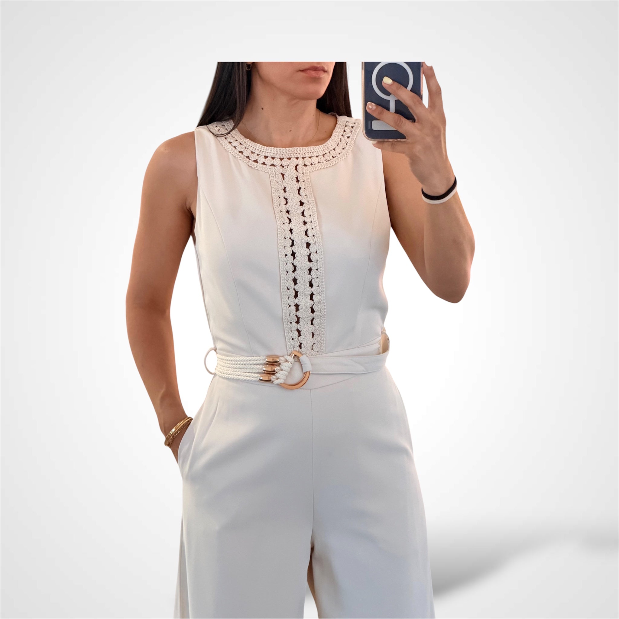Crochet Trim Wide Leg Belted Jumpsuit-2