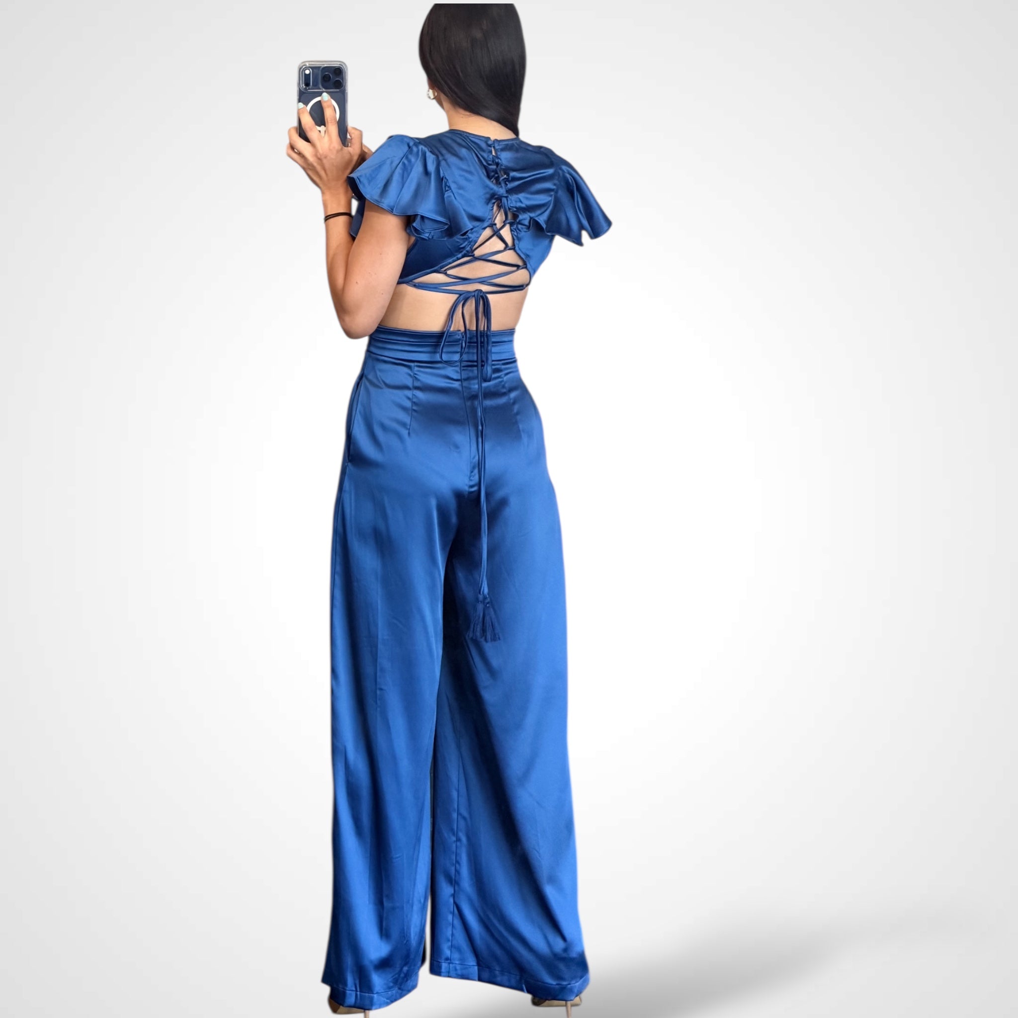 Royal Blue Satin Ruffle Detail Jumpsuit•-3