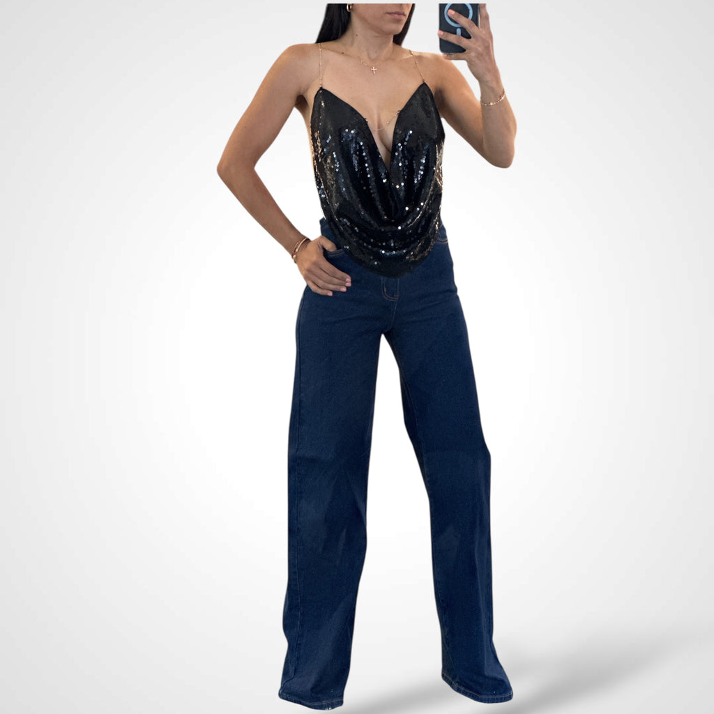 BLACK SEQUIN CHAIN COWL TOP