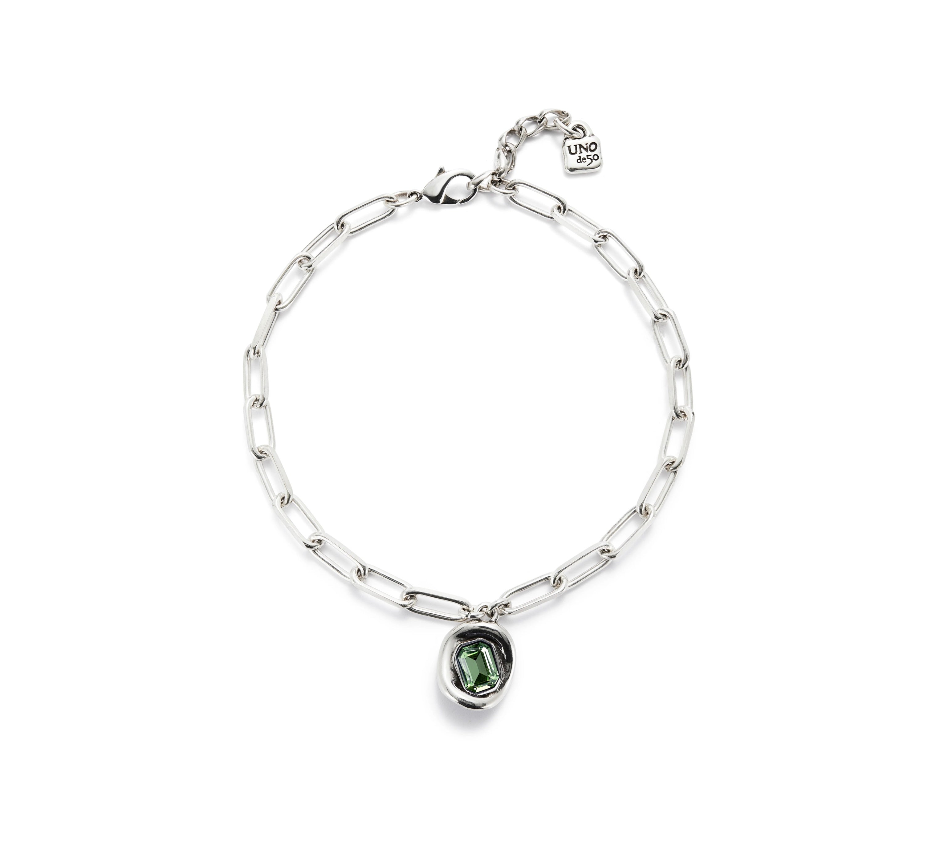 UNO D 50-Cadena bañada en plata de ley con eslabones y cristal verde•