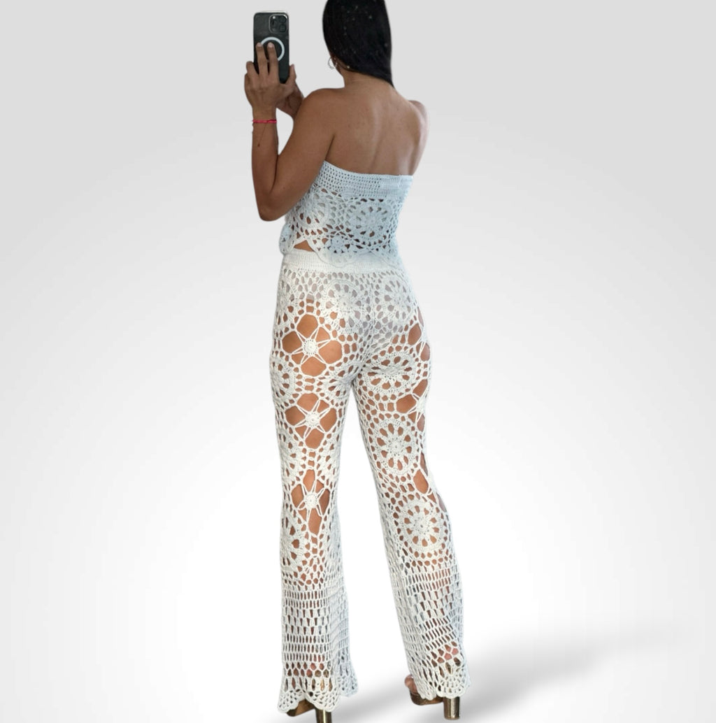 Crochet Knit Top And Flare Pants