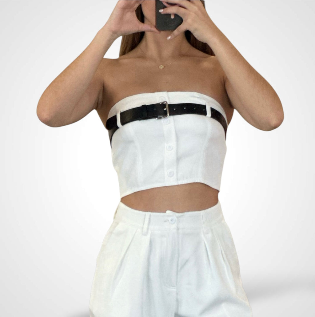 CASSIE BELTED CROP TUBE TOP & STRAIGHT PANTS SET