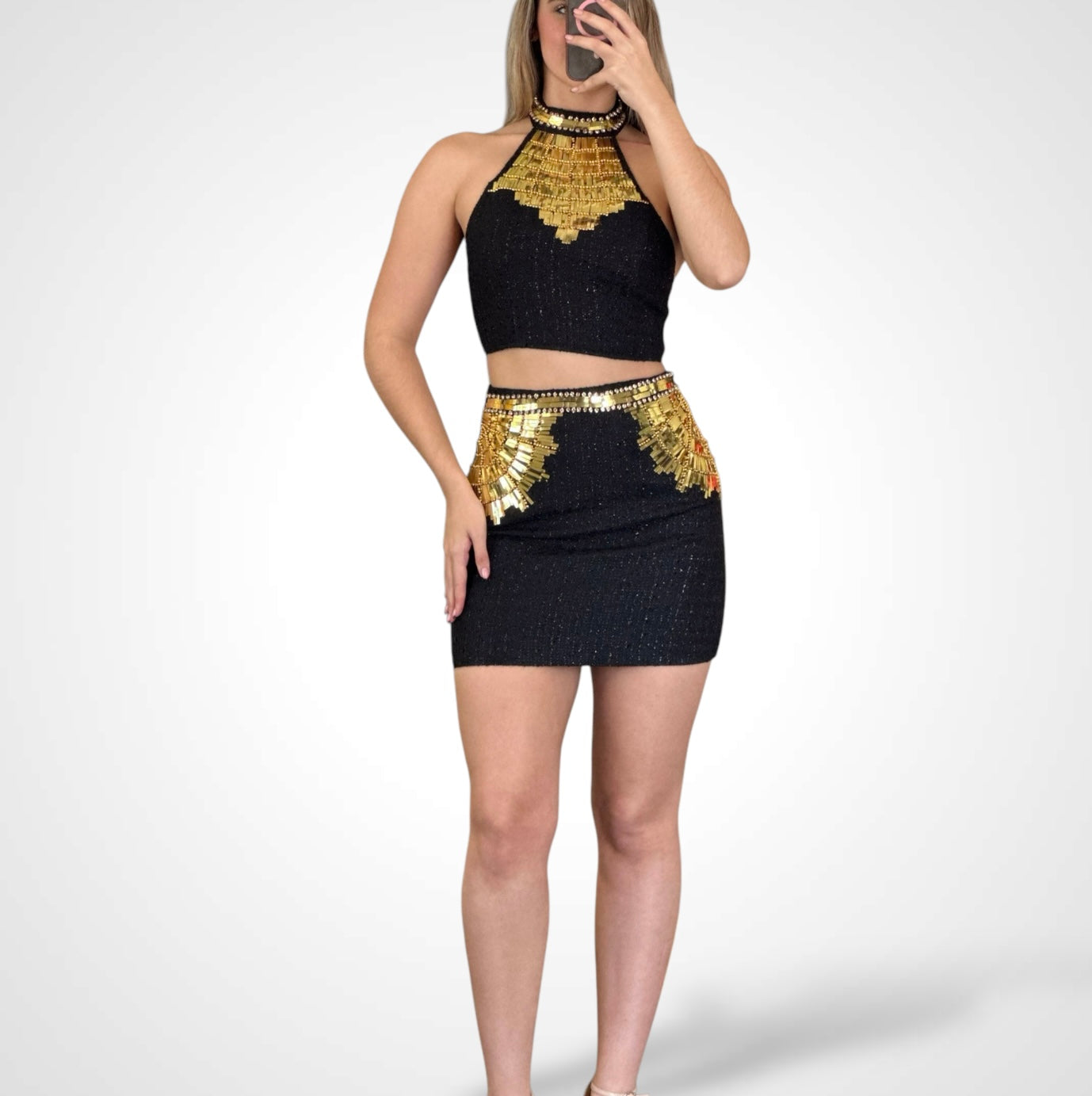 GOLD SEQUIN TWEED SKIRT 2-PC SET•-2