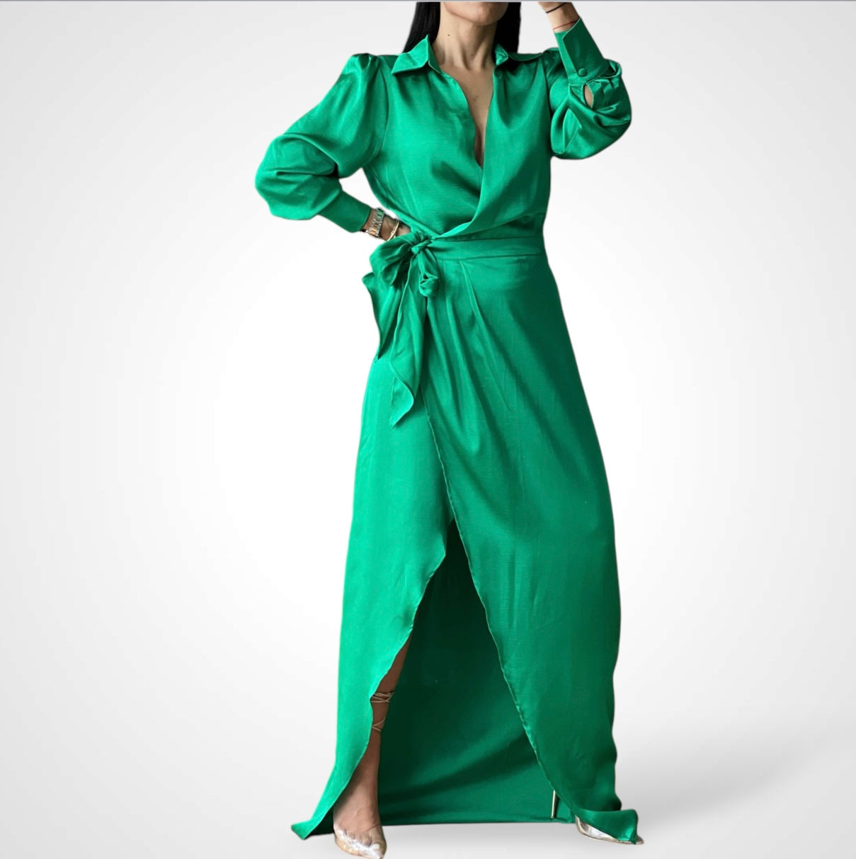 Green Wrap Satin Dress