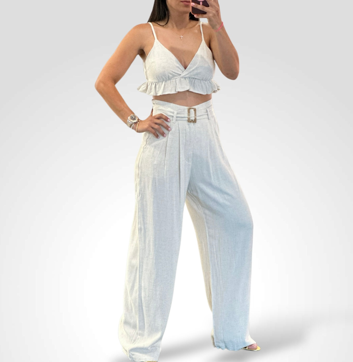 RUFFLE HEM CAMI TOP AND BELTED PAPER BAG PANTS SET•-1