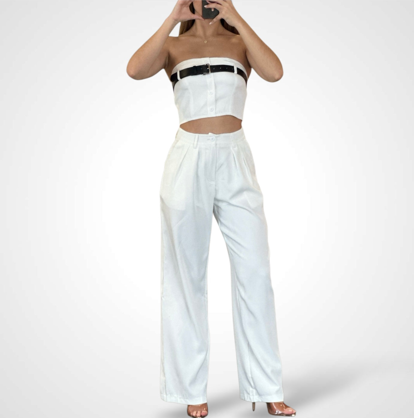 CASSIE BELTED CROP TUBE TOP & STRAIGHT PANTS SET•-1
