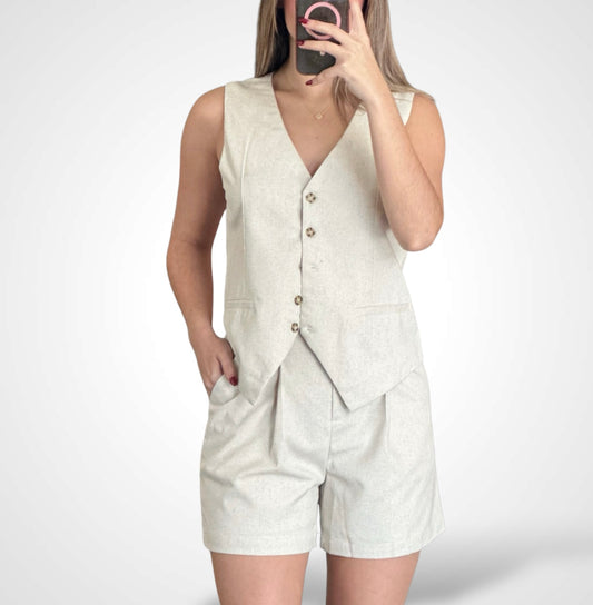 Linen V- neck vest and shorts Sets