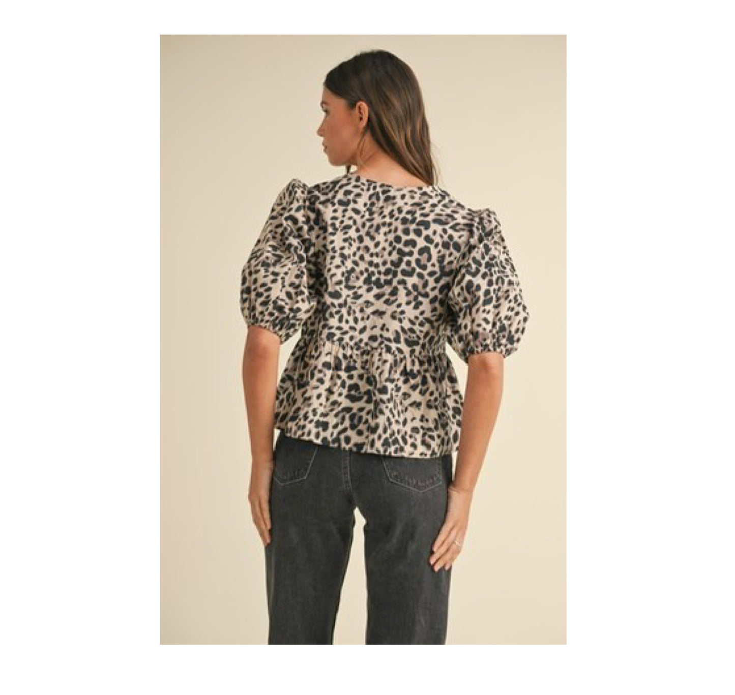 LEOPARD PUFF SLEEVE PEPLUM FRONT TIE TOP
