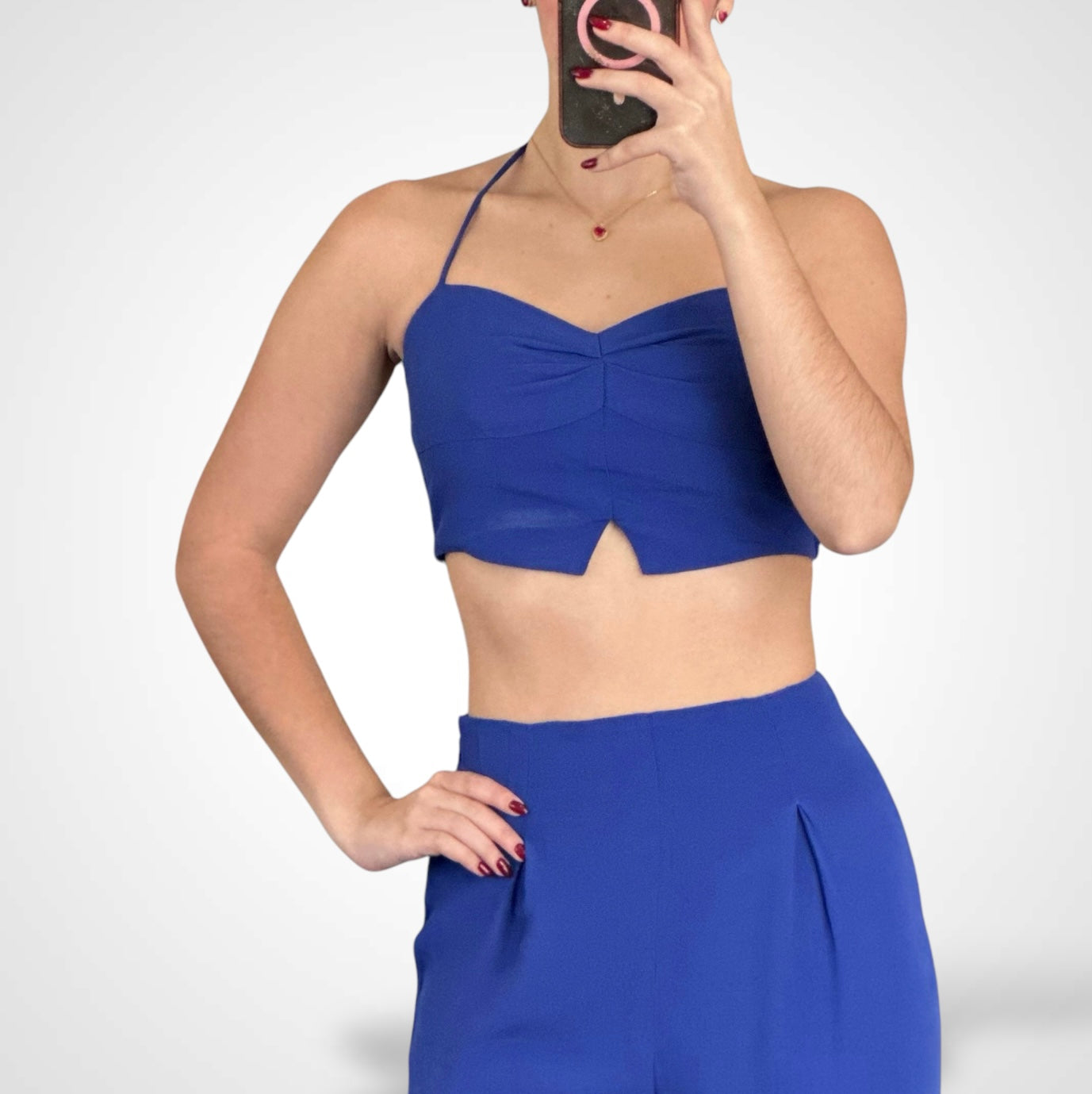 ROYAL SPAGHETTI STRAP SOLID CROP TOP & PANTS SET-2