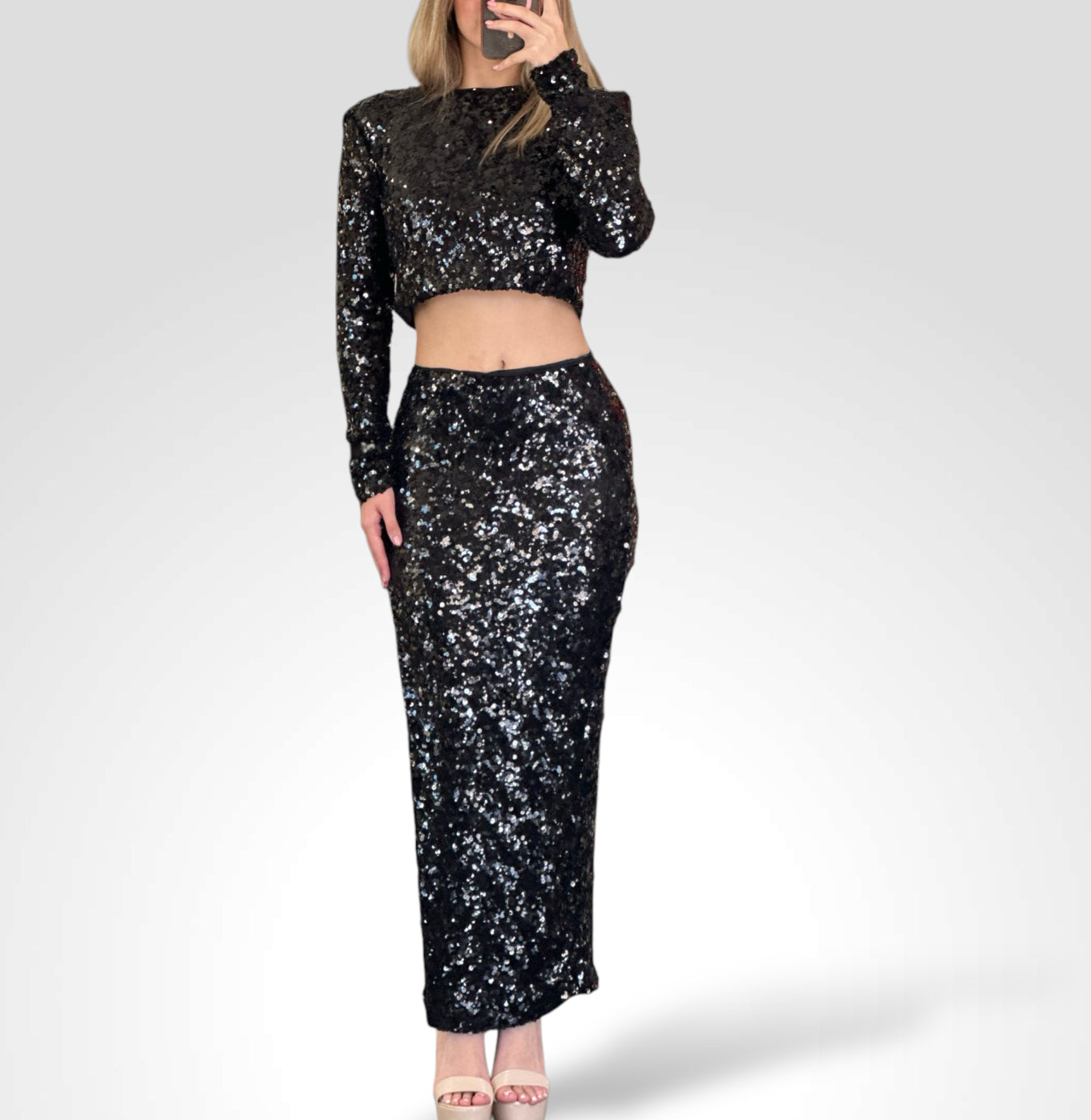 SEQUIN LONG SLEEVE CROP TOP AND MIDI SKIRT-1