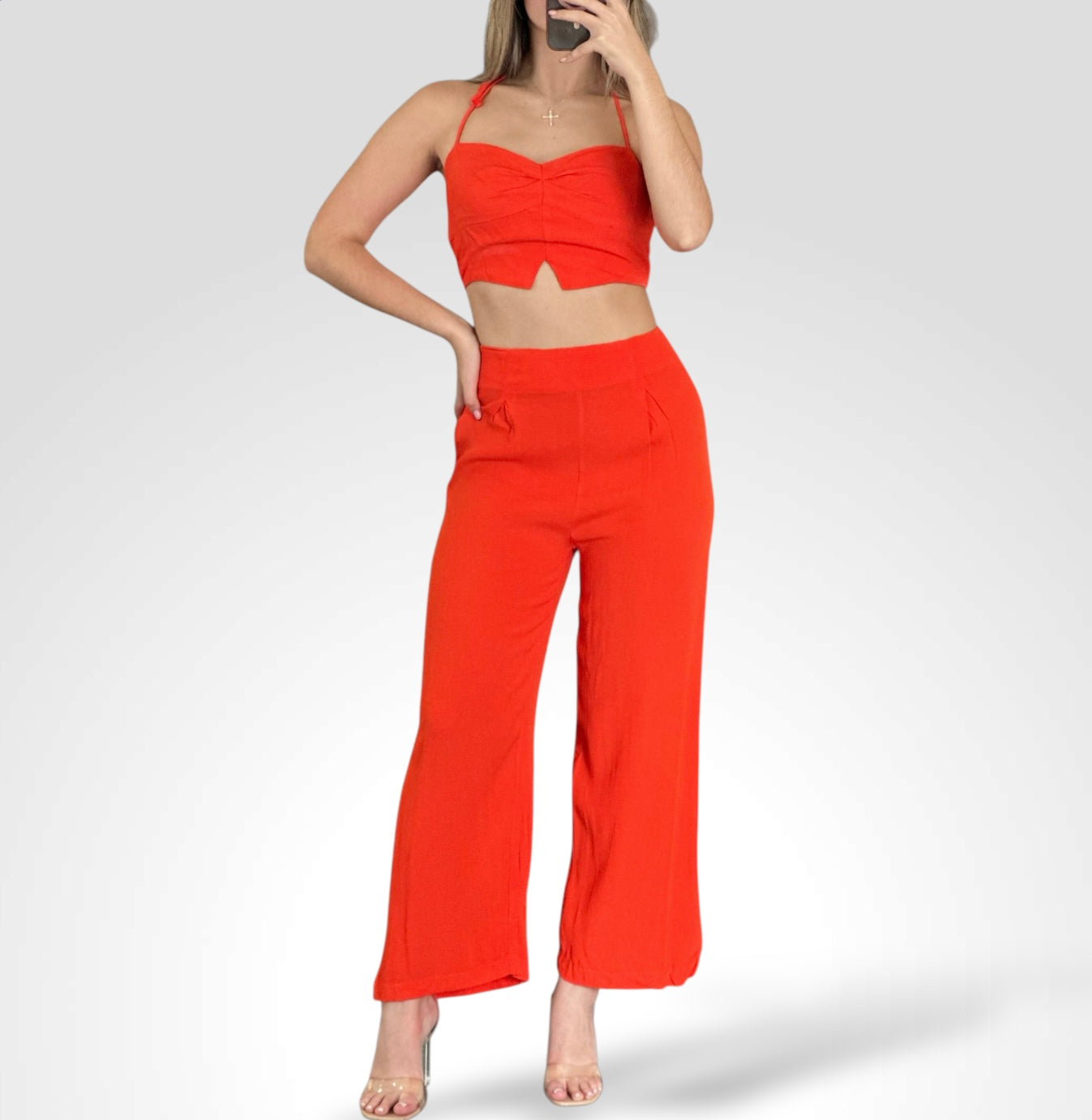 ORANGE SPAGHETTI STRAP SOLID CROP TOP & PANTS SET•-1