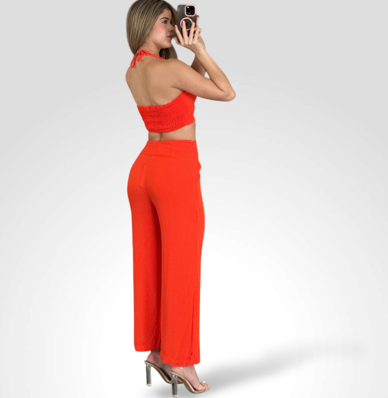 ORANGE SPAGHETTI STRAP SOLID CROP TOP & PANTS SET•-3