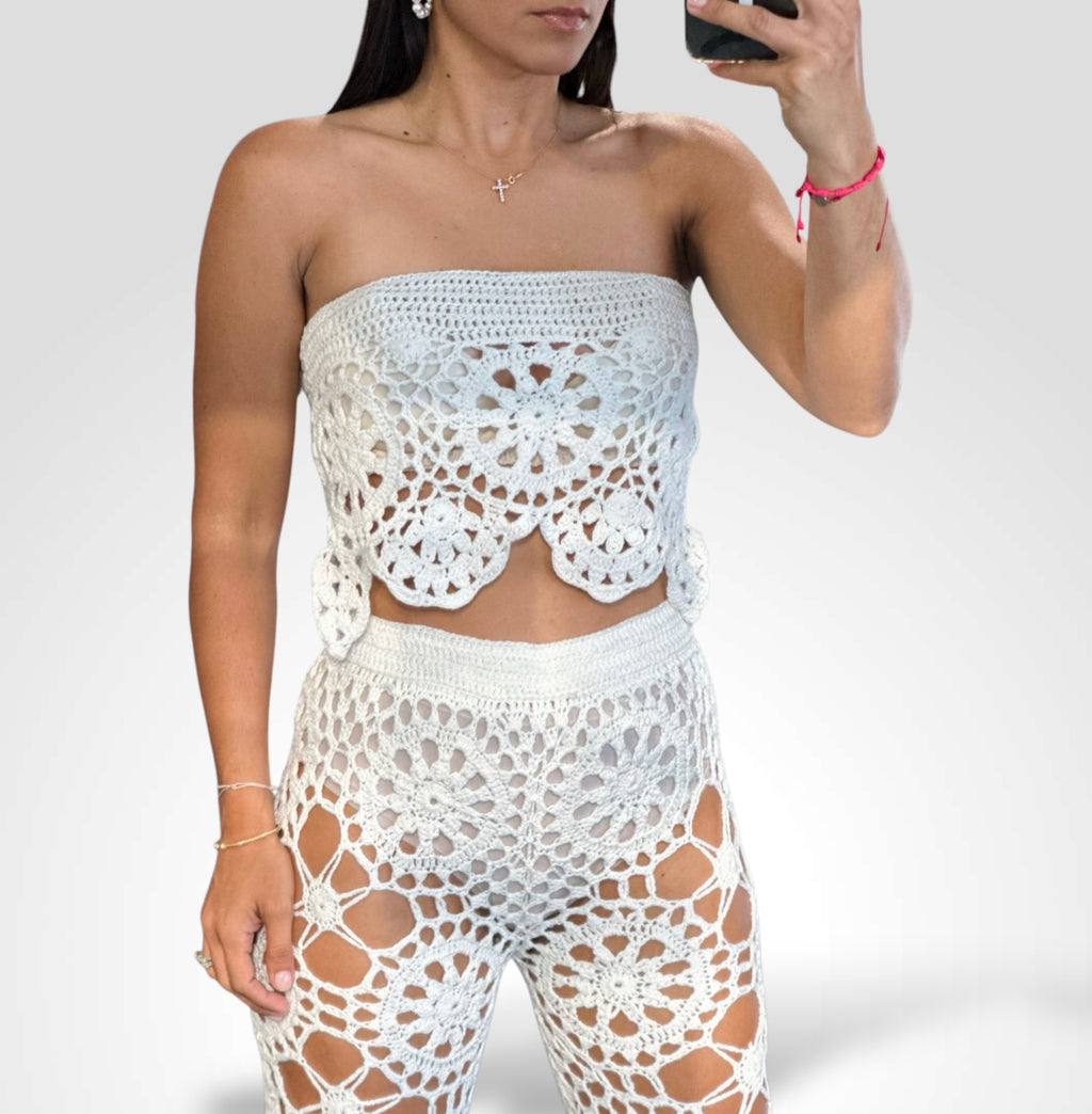 Crochet Knit Top And Flare Pants