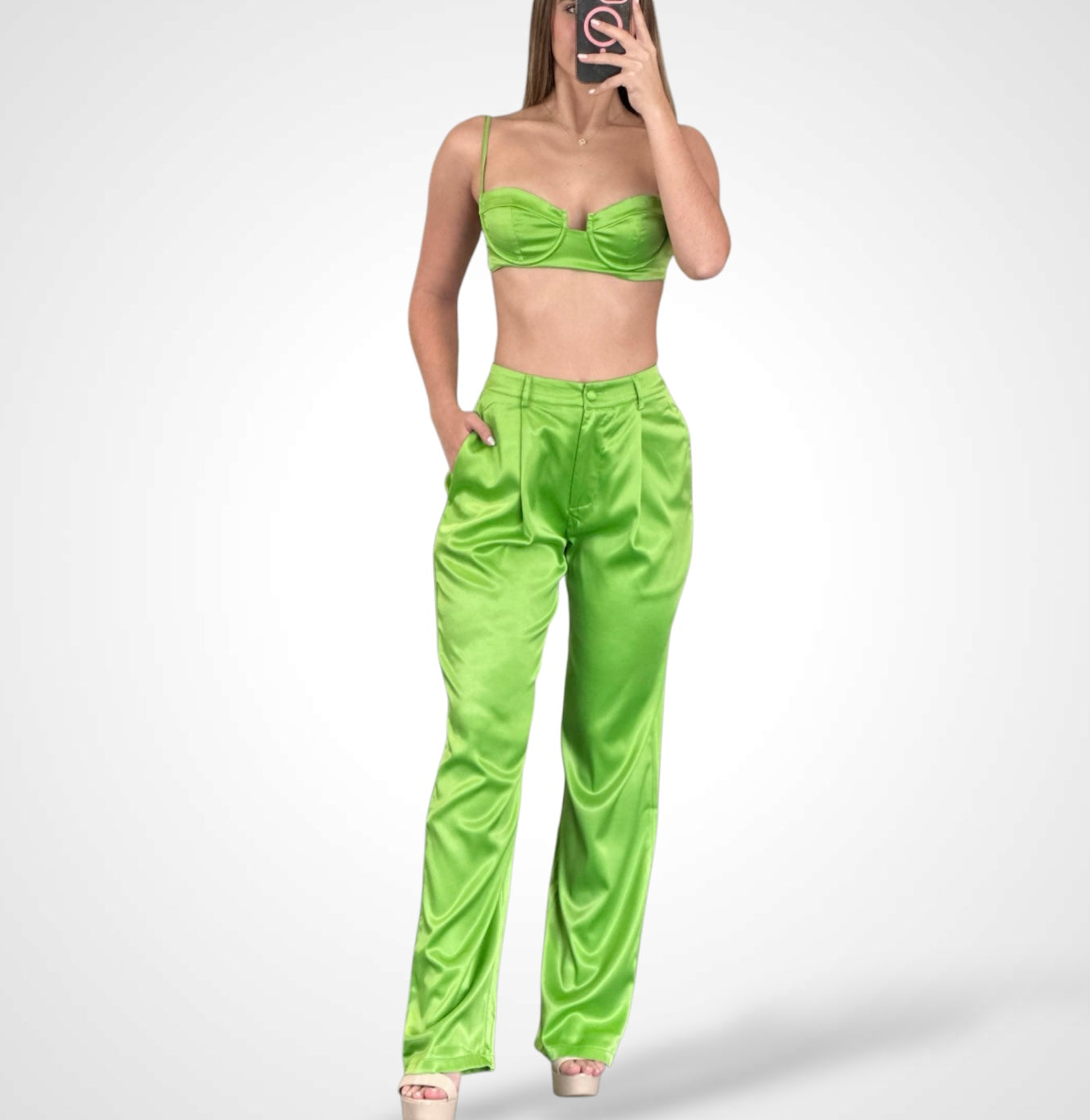 GREEN BOSSY SATIN TWO PIECE CROP TOP FLARE PANT SET•