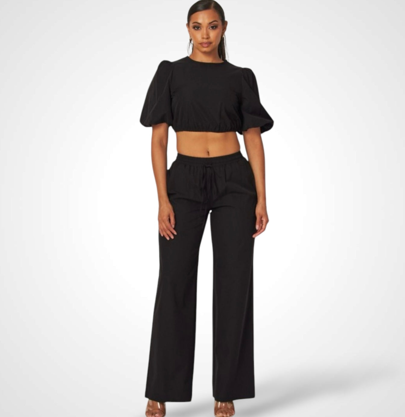 TORI BUBBLE SLEEVE CROP TOP & PANTS SET•-1