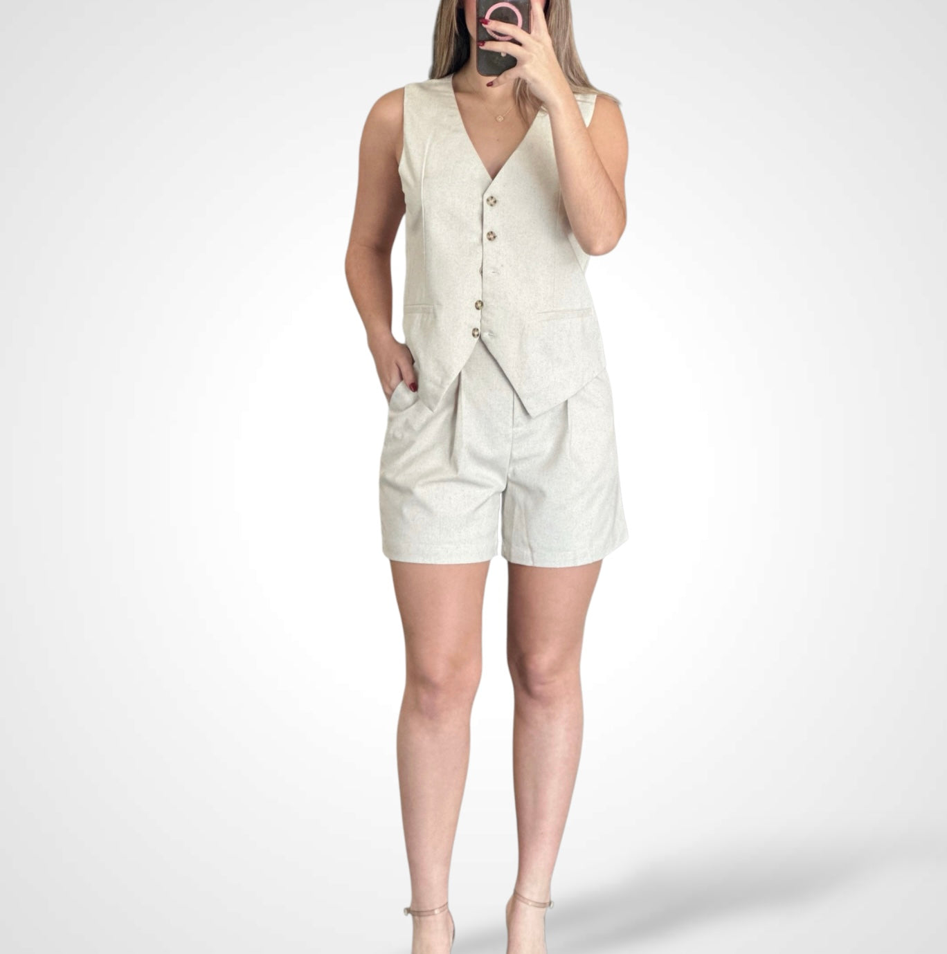 Linen V- neck vest and shorts Sets•-2