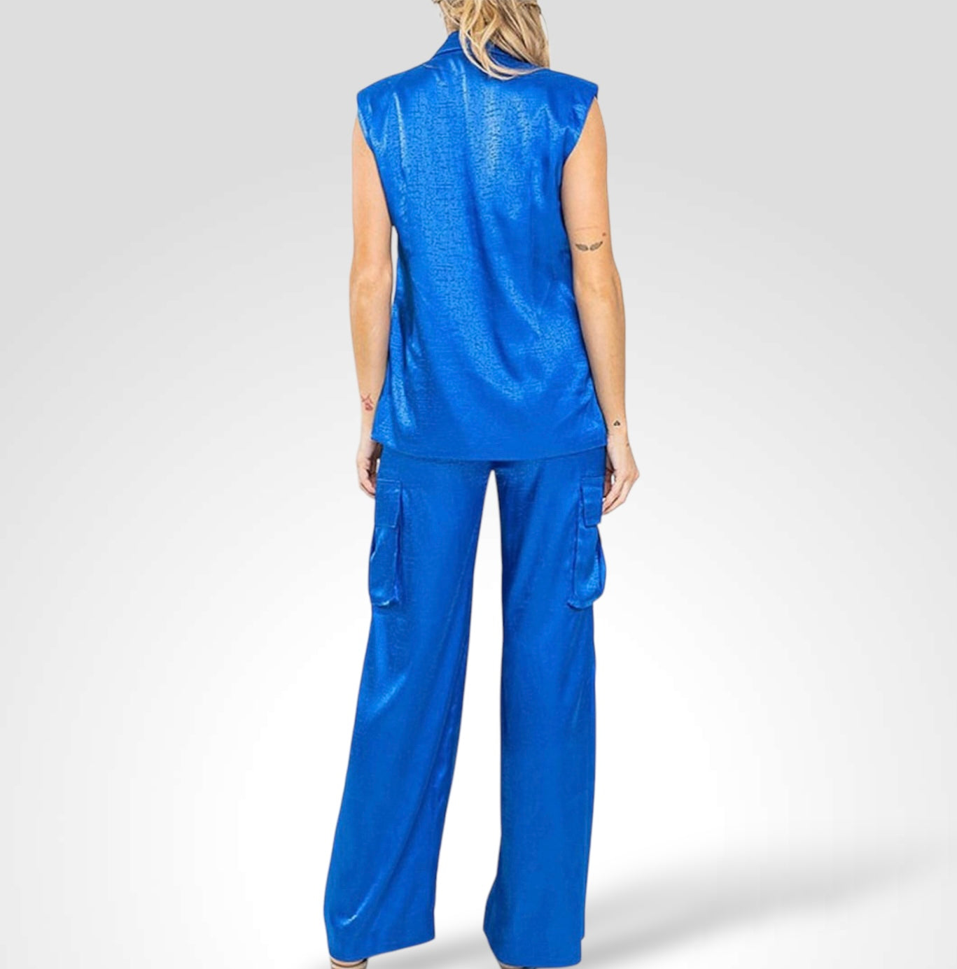 SHOULDER PADDING TOP & WIDE LEG PANTS SATIN SET•-2