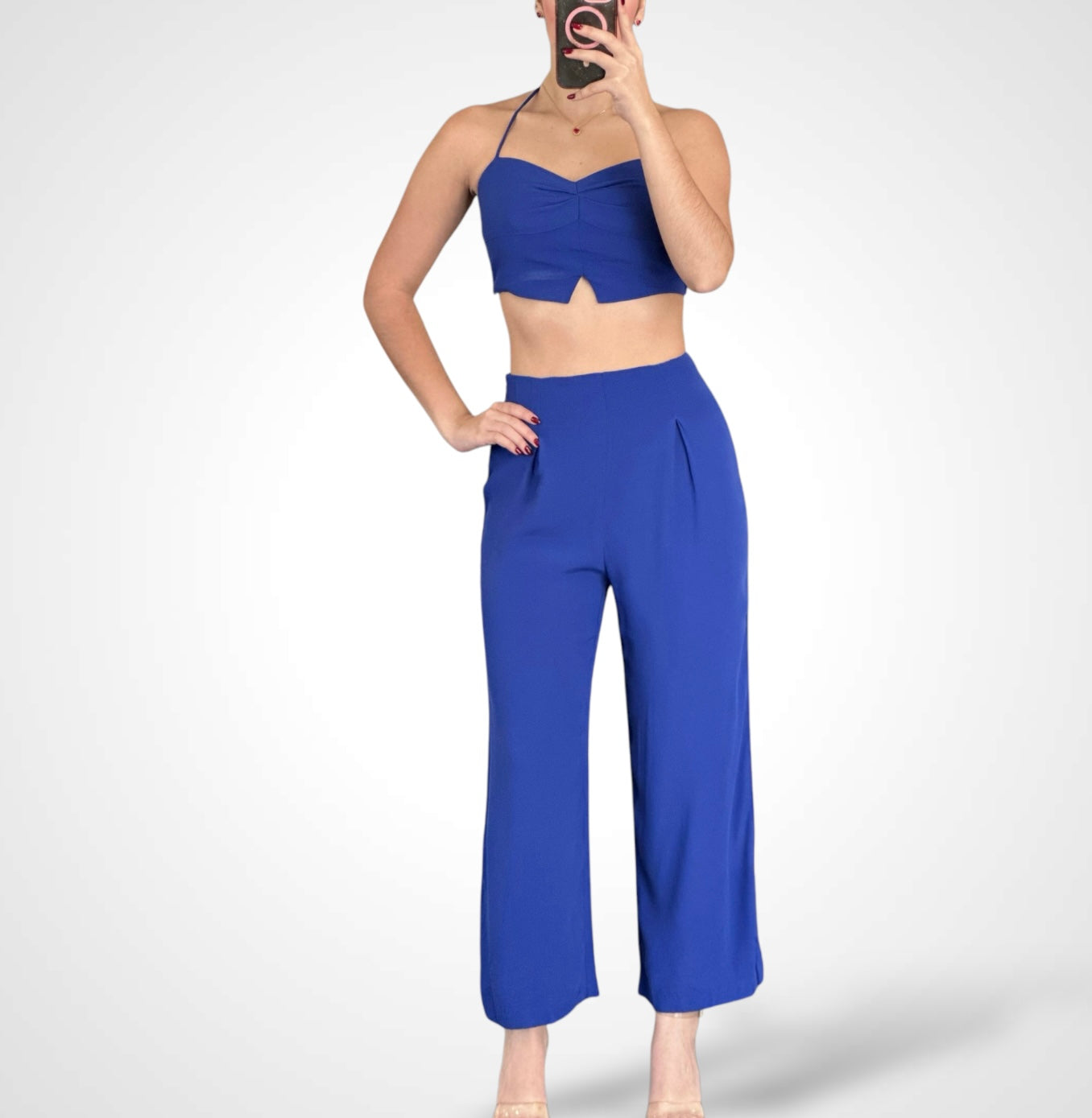 ROYAL SPAGHETTI STRAP SOLID CROP TOP & PANTS SET-1