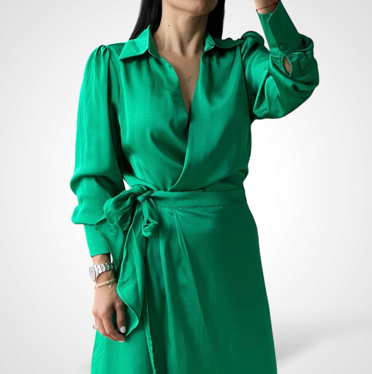 Green Wrap Satin Dress