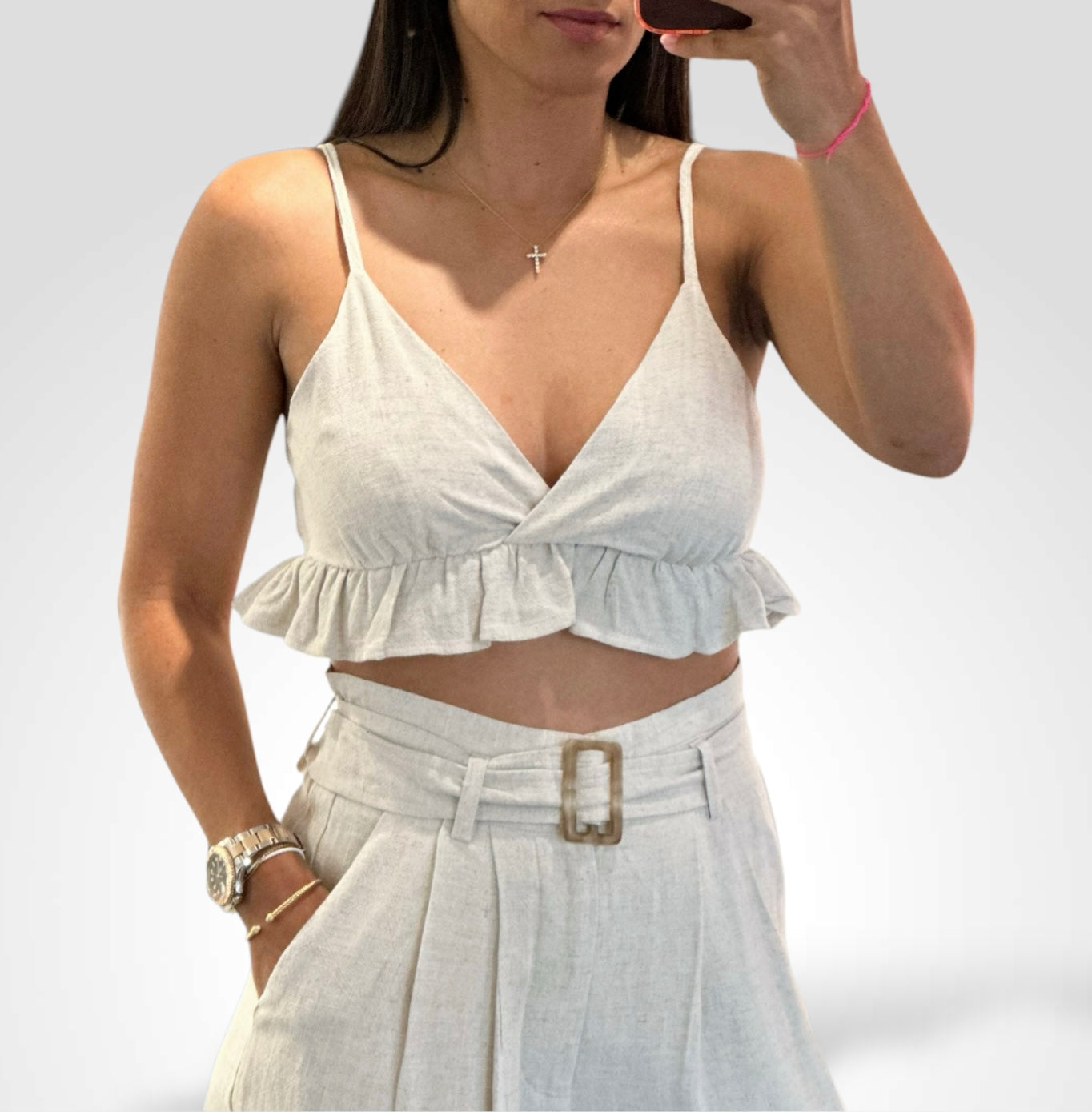 RUFFLE HEM CAMI TOP AND BELTED PAPER BAG PANTS SET•-2