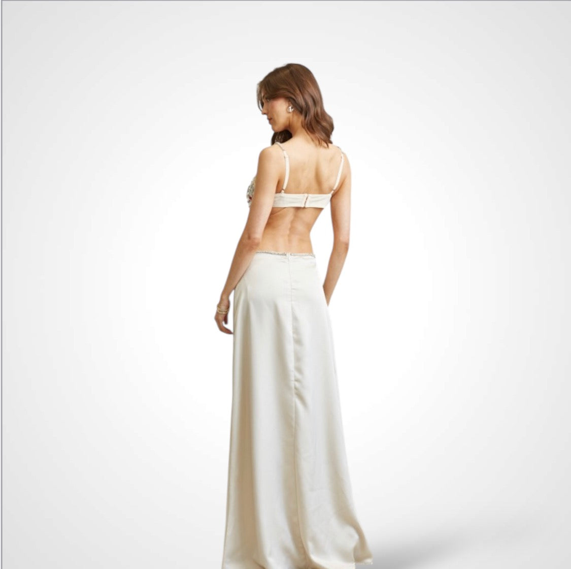 Mirror Crystal Cutout Satin
Maxi Dress