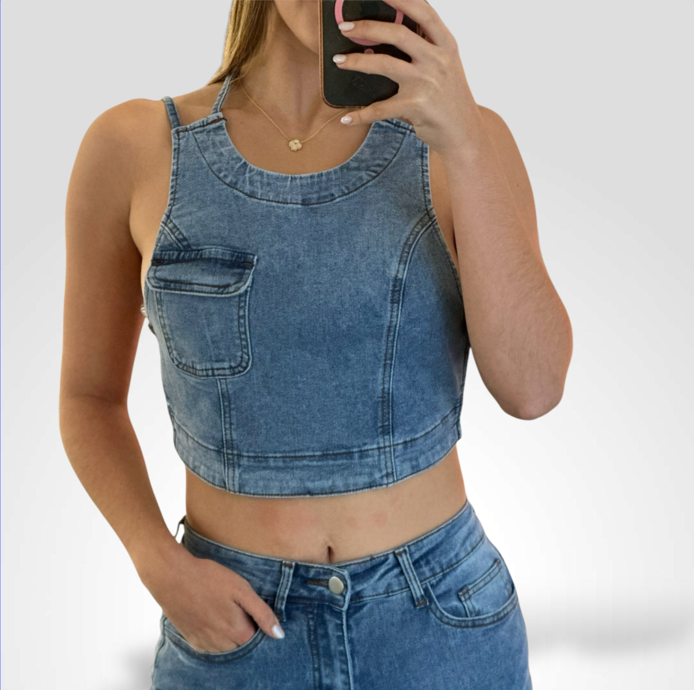 JOLIE BACKLESS CROP TOP & JEANS DENIM PANTS SET•-2