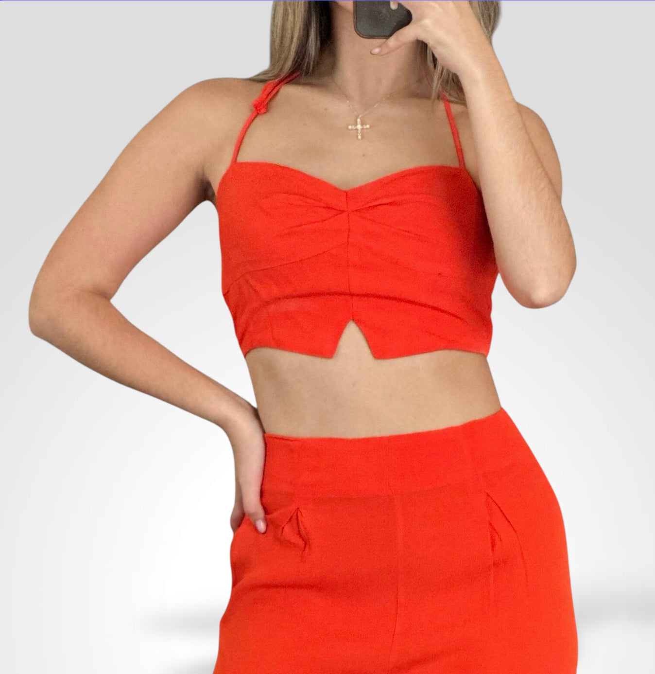 ORANGE SPAGHETTI STRAP SOLID CROP TOP & PANTS SET•-2
