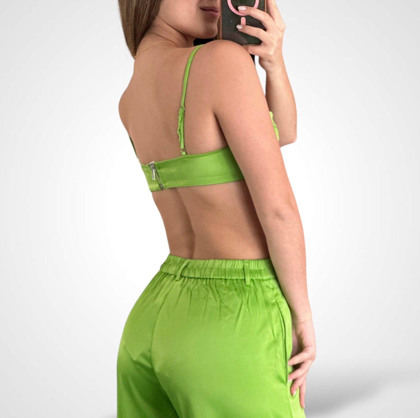 GREEN BOSSY SATIN TWO PIECE CROP TOP FLARE PANT SET•-2