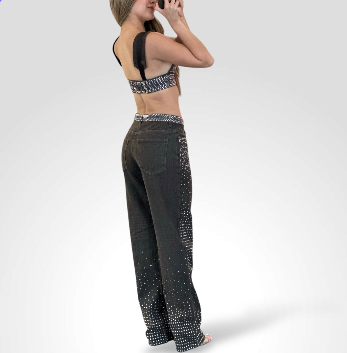 SJQ-CROP TOP WIDE LEG PANTS DENIM STUDS DETAIL SET