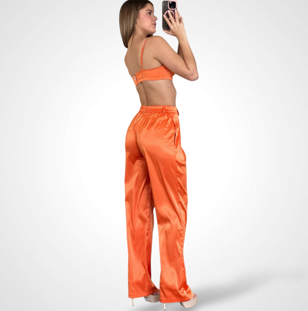 ORANGE BOSSY SATIN TWO PIECE CROP TOP FLARE PANT SET
