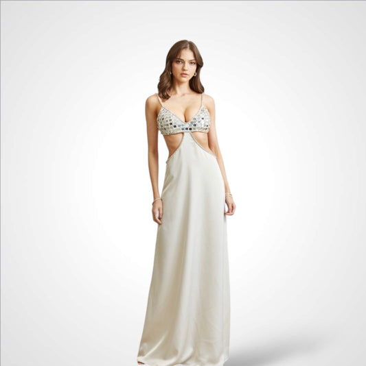 Mirror Crystal Cutout Satin
Maxi Dress