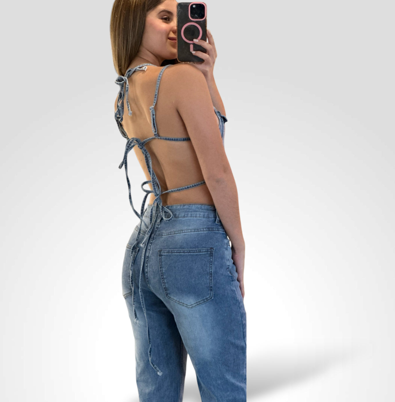 JOLIE BACKLESS CROP TOP & JEANS DENIM PANTS SET•-3