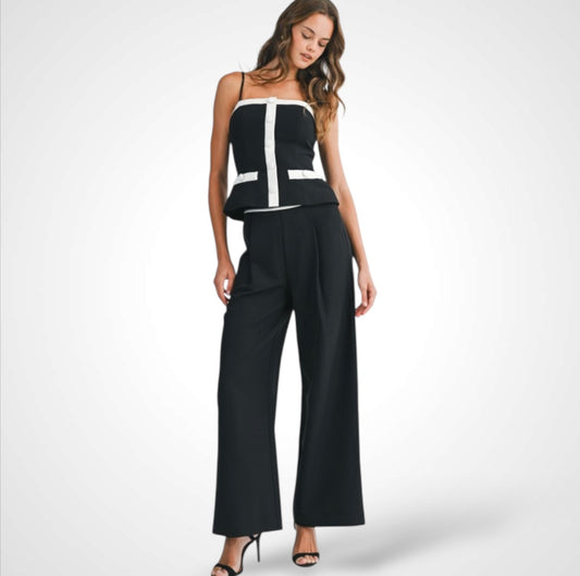BLACK BUTTON DOWN CAMI AND WIDE LEG PANTS SET